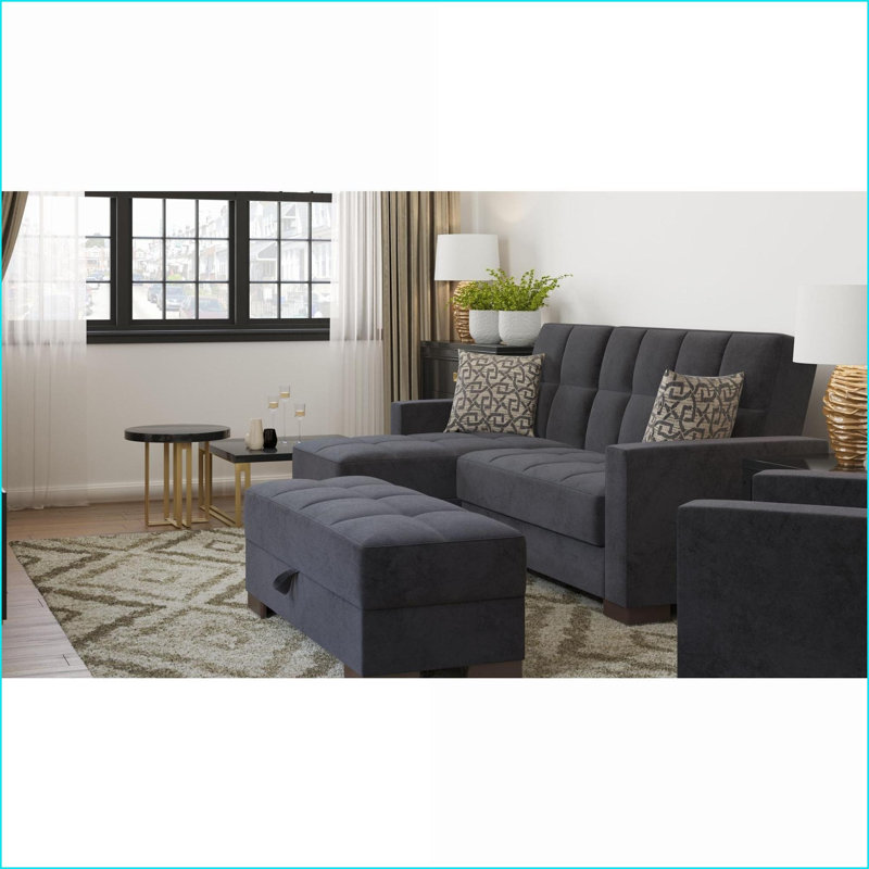 Repose-pieds avec rangement, microfibre noire moderne, clic-clac, pour studio / dortoir / salon | Noyer brun | Bois, Noir