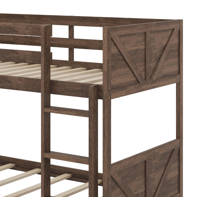 Twin Over Twin Floor Bunk Bed With Panelled Headboard And Footboard, Antique Oak