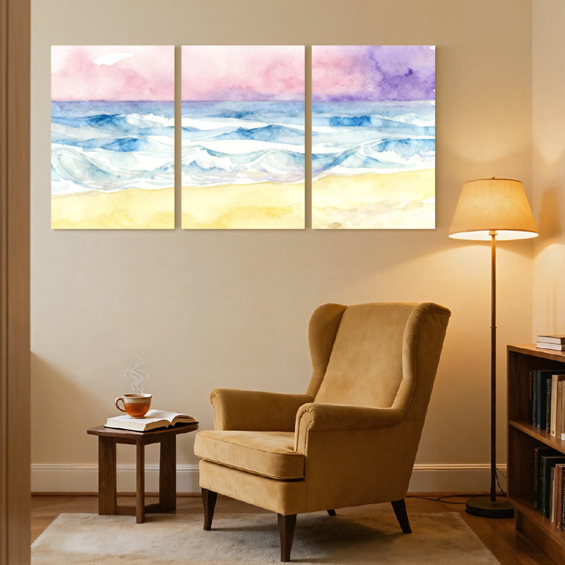 Plage, vagues de l'océan, coucher de soleil, aquarelle, ensemble de 3 impressions sur toile, H 24 po x l 48 po