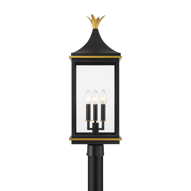 Poteau d'extérieur 3 lumières noir mat + or texturé Simpson