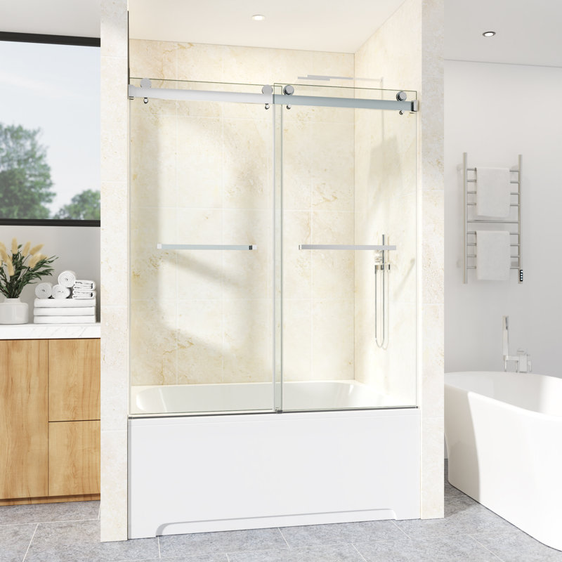 56-61" W  x 66" H Frameless Double Sliding Tub Door with 3/8" (10mm) Clear Tempered Glass, Shatter-Resistant Film & Installation Hole Locator