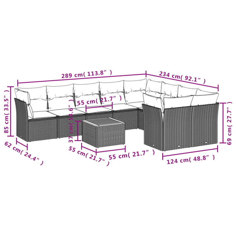 Ensemble de canapé de patio 10 pièces avec coussins en rotin de polyester, Gris, Marine