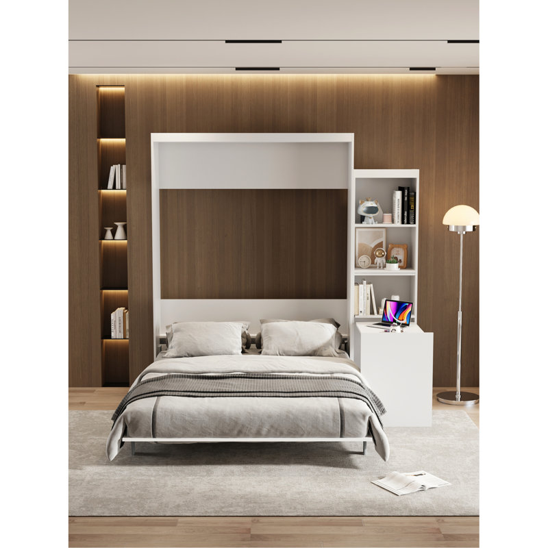 Lit pour chambre à coucher - Grand lit, moderne, peu encombrant avec table, tablette blanche et cadre
