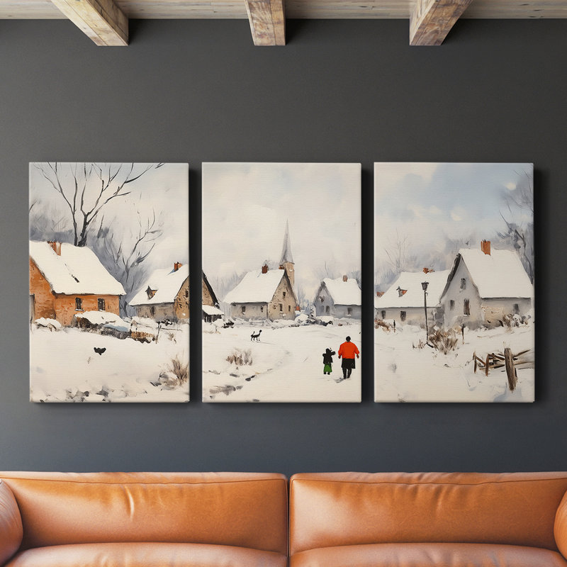 Village de Noël enneigé avec sapin décoré - Triptyque en trois parties, aquarelle - 40 x 60 cm par panneau, prêt à accrocher - Série Noël XV
