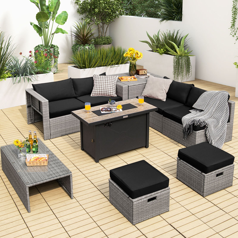 Wicker 6 - Person Patio Conversation Set with Cushions, Black