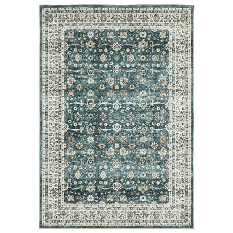 Tapis bleu sarcelle / ivoire Jadalynn, Rectangle 2 pi x 3 pi