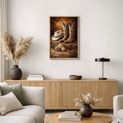 Vintage Western Cowboy Boots Hat Still Life Artwork, Rustic Farmhouse Living Room Pictures, Framed Canvas Giclee Print Wall Art