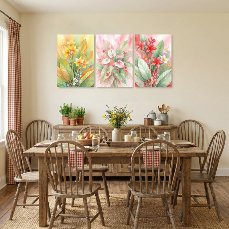 Plantes et fleurs, motif floral avec couleurs vives et feuilles, ensemble de 3 impressions sur toile, H 36 po x l 72 po