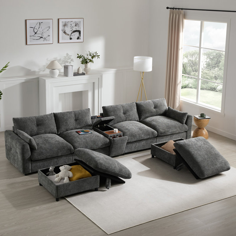 Modular Sectional Sofa with Movable Storage Ottoman and Console, Grey