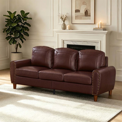 Canapé de 81,5 pouces en similicuir de salon classique avec accoudoirs roulés, clous et pieds en bois massif pour plus de confort et de style