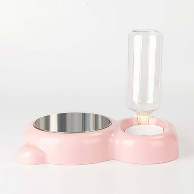 Pet Double Bowl Set With Automatic Water Dispenser, Stainless Steel Feeder & Waterer For Cats And Small Dogs, Non-Tip, No Wet Mouth, Easy To Clean