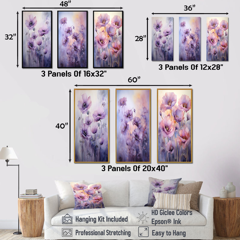 Violet Veil Delicate Poppies Moment - Poppies, ensemble de 3 reproductions d'art sur toile, Cadre flottant noir