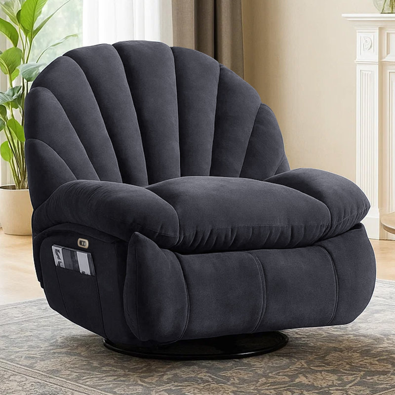 Wide Modern Style Accent Swivel And Rocker Recliner Chair, Gray, Power