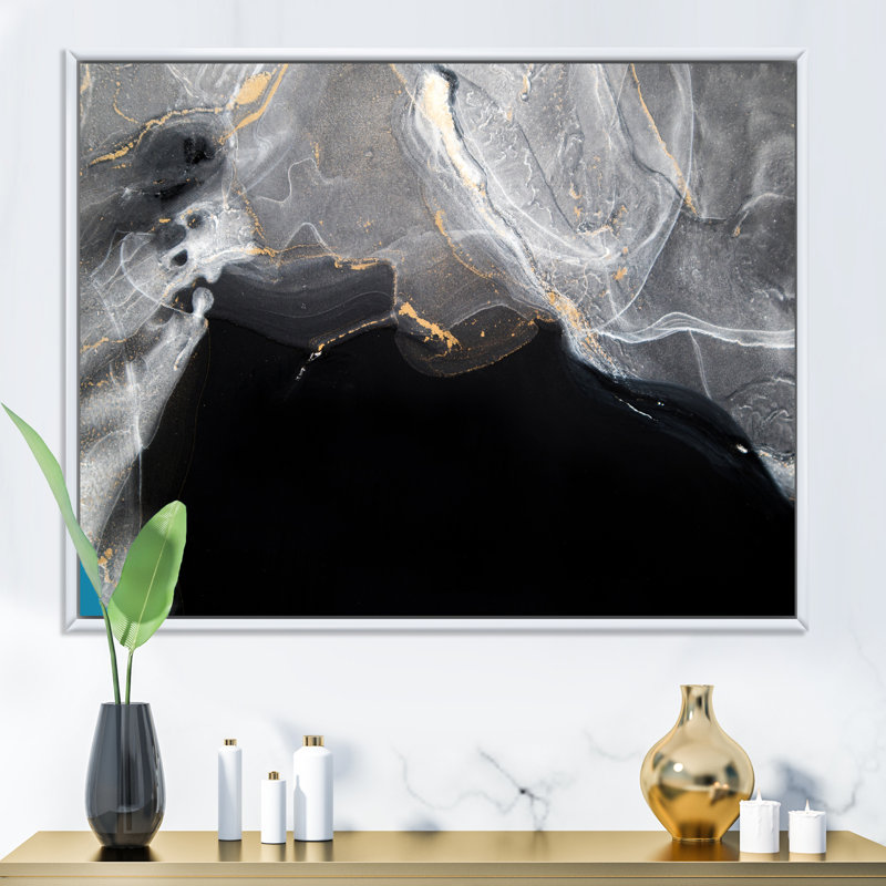 " Gloden Black And Grey Marble Art Ripples II ", 16" H x 32" W x 1" D, White Floater Framed Canvas