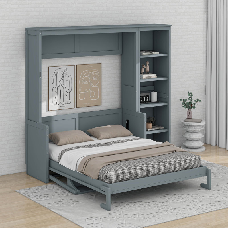 Lit escamotable Murphy avec bureau, cadre de lit mural peu encombrant avec tablettes de rangement, gris, Double