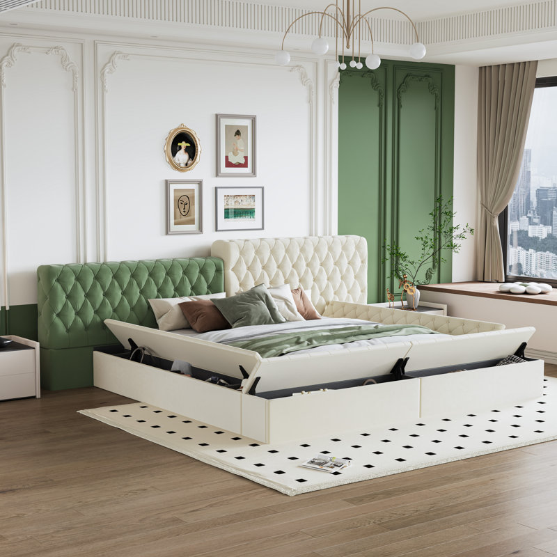 Contemporary Special-Shaped Fully Upholstered Bed With Deep Button Tufting And Storage Compartments In Rails And Footboard,No Box Spring Needed,,Beige