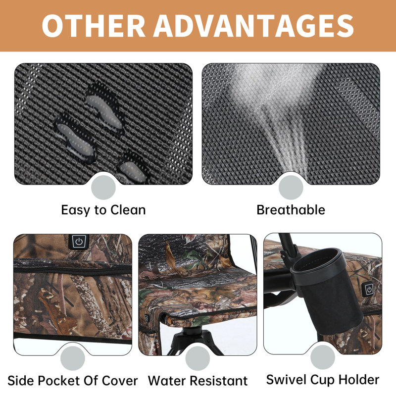 Tabouret de chasse portable pivotant à 360 ° chauffant avec rotation silencieuse, hauteur réglable, accoudoirs et sangle de transport