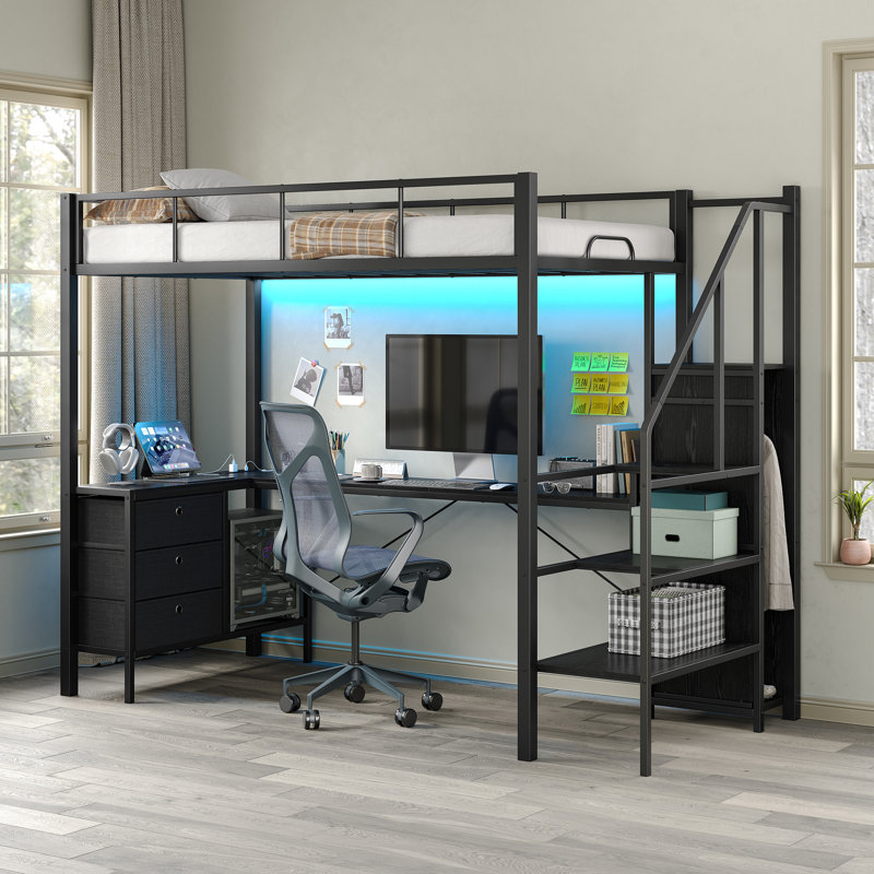 Kids Loft Bed with Charging Station and LED Lights,Loft Bed with Built-in Desk and Bookcase,Storage,Twin Size