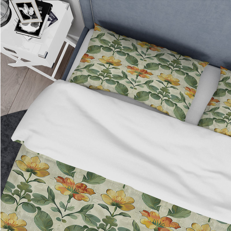 Ensemble de housse de couette Beige Green Modern Flower Garden I - Modern, Housse de couette pour grand lit et 2 taies décor