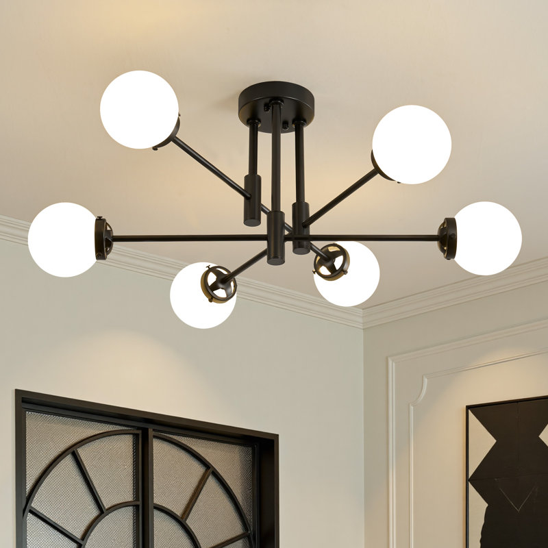 Tameya Sputnik Modern Linear Chandelier With Milky White Glass Shade, Black