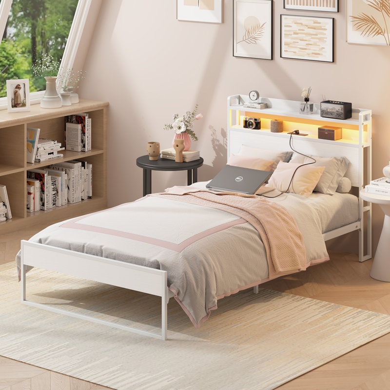 Cerridwen Twin Platform Metal Bookcase Storage Bed With RGB LED Lights And Charging Station, White