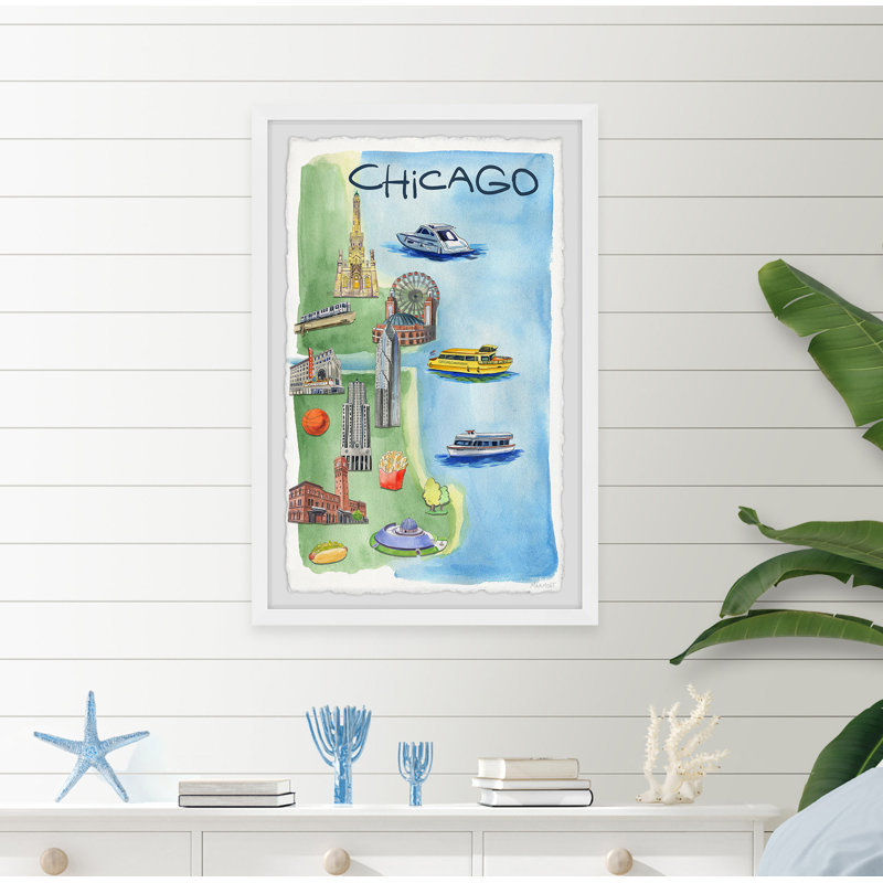 Carte des principales curiosités de Chicago, reproduction d'art sur papier encadré, H 36 po x l 24 po x 1,5 po