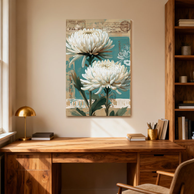 Plantes et fleurs de chrysanthèmes blancs sur fond rétro, H 36 po x l 24 po