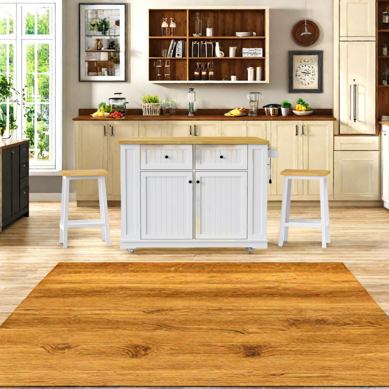 Îlot de cuisine blanc 48 po avec 2 tabourets de bar, prises de courant intégrées, rallonge et roulettes pour le rangement et la mobilité