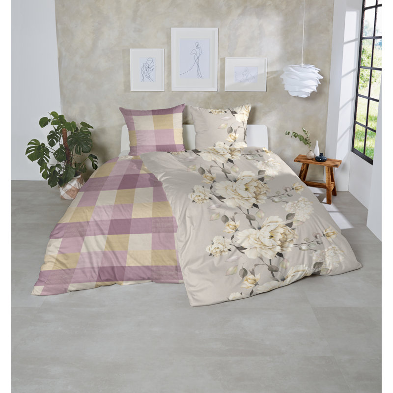 Reshard Cotton Chequered Duvet Cover Set with Pillow Shams Included, Rosa/Yellow