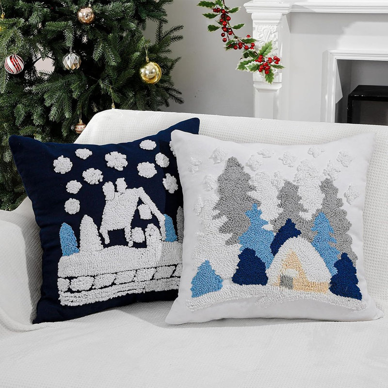 Housses de coussin d'hiver - bleu et gris - arbre de Noël brodé, flocon de neige et motif de maison, jeté de style maison de campagne pour canapé ou lit