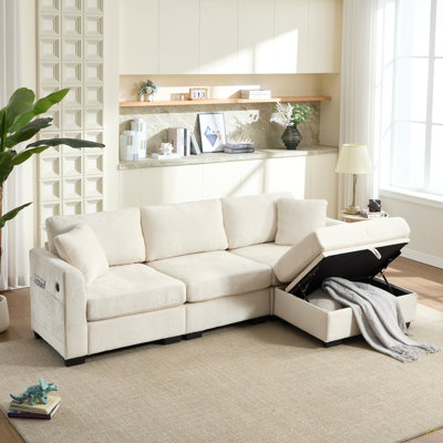 Canapé de rangement moderne avec double port USB, 2 poches latérales, banc de rangement avec repose-pieds, canapé modulaire en chenille surdimensionné, canapé en L surdimensionné à 4 places