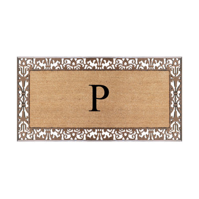Dyari Natural Coir & Rubber Paisley Border Monogram Non-Slip Door Mat, 30"x60", Bronze, Heavy-Duty Low-Profile Outdoor Front Porch