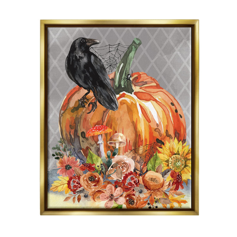 «Autumn Crow Pumpkin Botanicals» par ND Art, impression, H 31 po x l 25 po x P 1,7 po, Cadre flottant métallique doré
