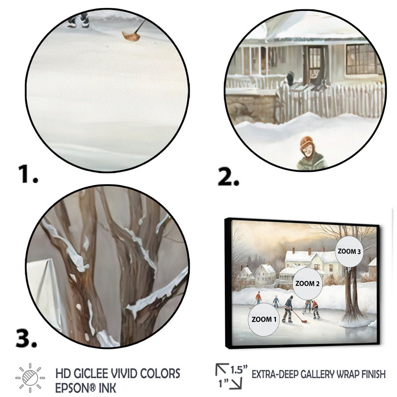 Enfants jouant au hockey en hiver III - peinture sur toile, Cadre flottant noir, H 16 po x l 32 po x P 1 po