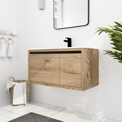 Meuble-lavabo mural de 36 po pour salle de bain - Lavabo en gel inclus pour l'eau et les égratignures - Avec des solutions de rangement spacieuses