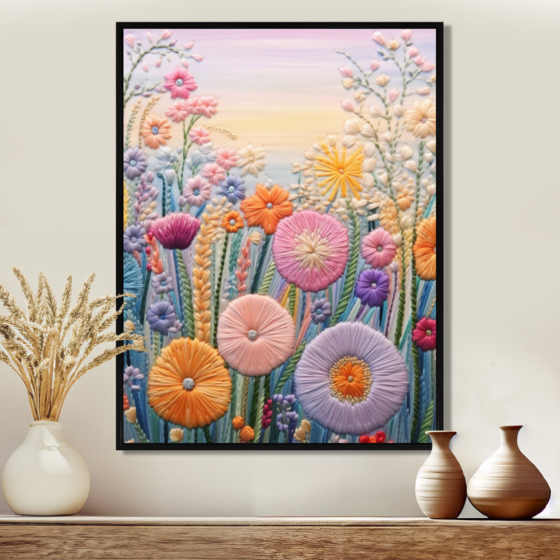 Broderie de fleurs pastel printanier II - fleurs sauvages dans le salon, Toile avec cadre flottant noir