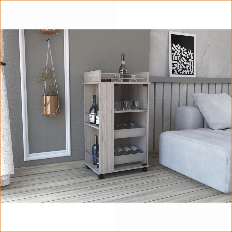 Chariot-bar moderne avec porte en verre, 2 tablettes latérales et amp; Roulettes, gris clair | Bois d'ingénierie, Gris clair