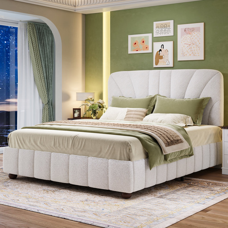 Full Size Boucle Bed Frame Upholstered Bed Frame with Adjustable Headboard, Solid Wood Slats Support, No Box Spring Needed, Easy Assembly