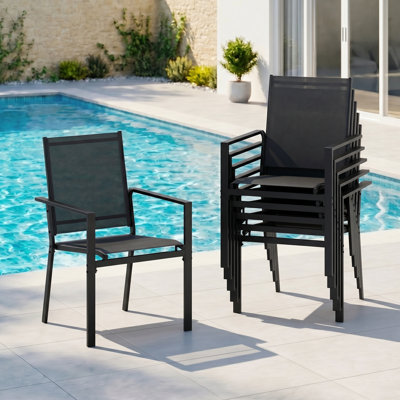 7-piece Outdoor Patio Rectangular Dining Table Set With 6 Stackable Pvc-coated Polyester Fabric Armchairs-c-b