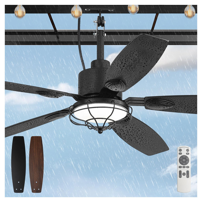 Ventilateur de plafond extérieur de 132 cm avec éclairage, étanche IP65, pales en ABS brun noyer, moteur CC avec télécommande 3CCT et 6 vitesses, installation facile (branchement sur secteur).