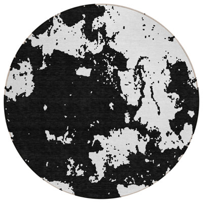 8' Black And Ivory Round Abstract Washable Indoor Outdoor Area Rug