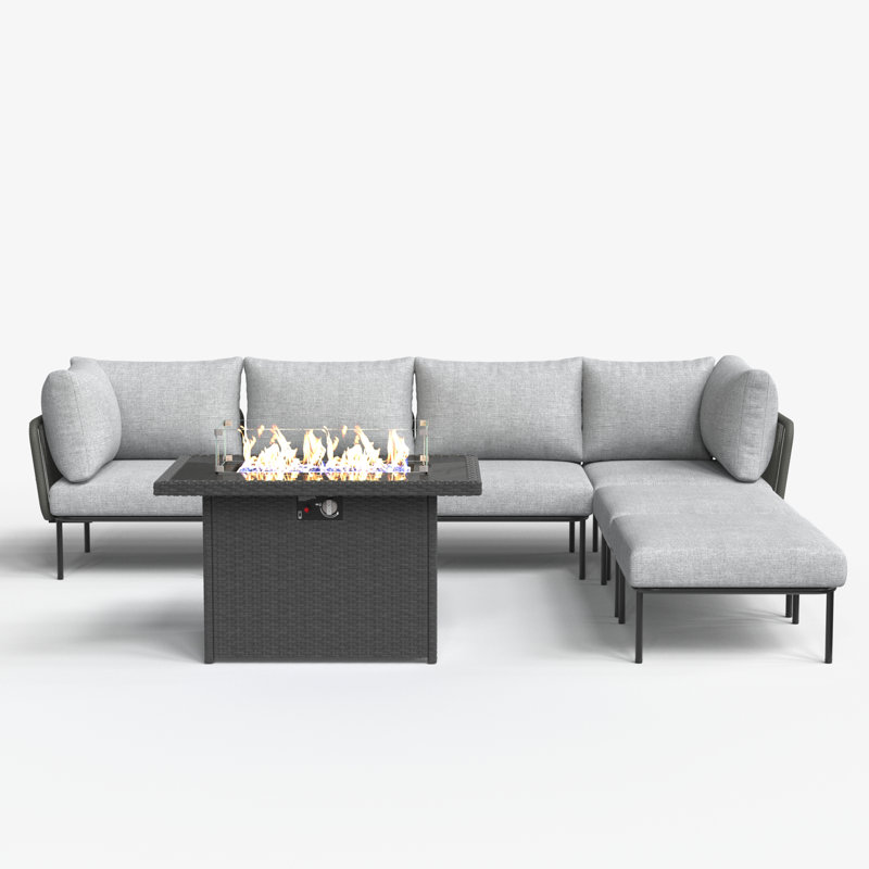 Latitude Run® 7 Pieces Aluminum Patio Furniture Set, Modern Modular Sectional Sofa with Fire Pit Table and Upgrade Thickness Cushion