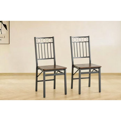 Retro Modern Folding Dining Chairs Set Of 2 - Industrial Metal And Wood Kitchen Side Chairs - Space Saving Brown