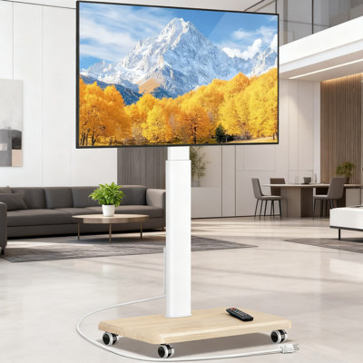 Meuble télé mobile avec roulettes pour téléviseurs de 32 à 70 po, chariot télé à hauteur réglable avec base pivotante, roulettes verrouillables et prise de courant pour le salon et la chambre à coucher