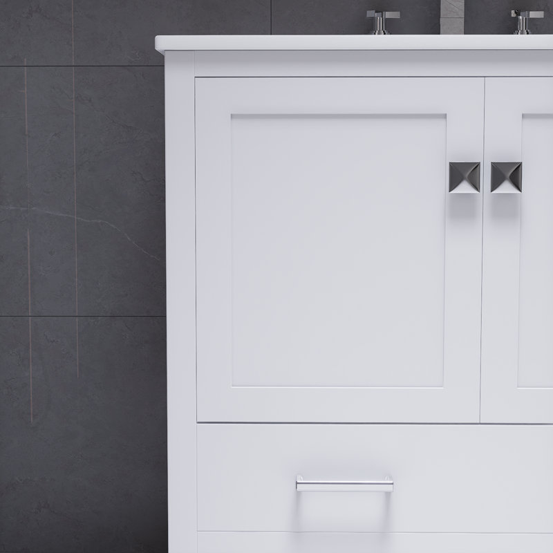 Meuble-lavabo blanc de 36 pouces avec lavabo en porcelaine, portes à fermeture douce, tablettes de rangement doubles et tiroirs divisés