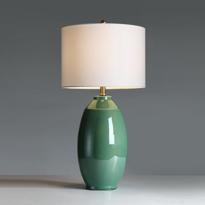 3-way Green Ceramic Table Lamp With White Drum Shade