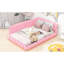 Lit double rembourré rose avec hublots et ceinture à DEL - Fabrication robuste en bois massif +, lattes de matelas, méthode d'assemblage simple, pas de sommier tapissier requis, étapes pratiques-247555451