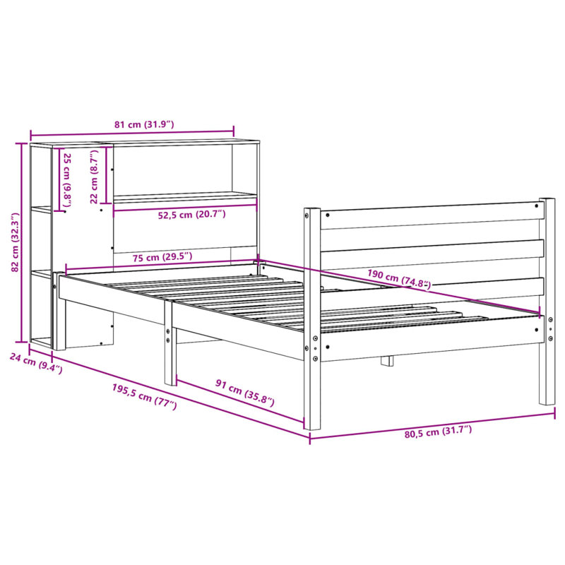 Bookcase Bed Without Mattress Solid Wood Pine, Natural, 81 x 219.5 cm