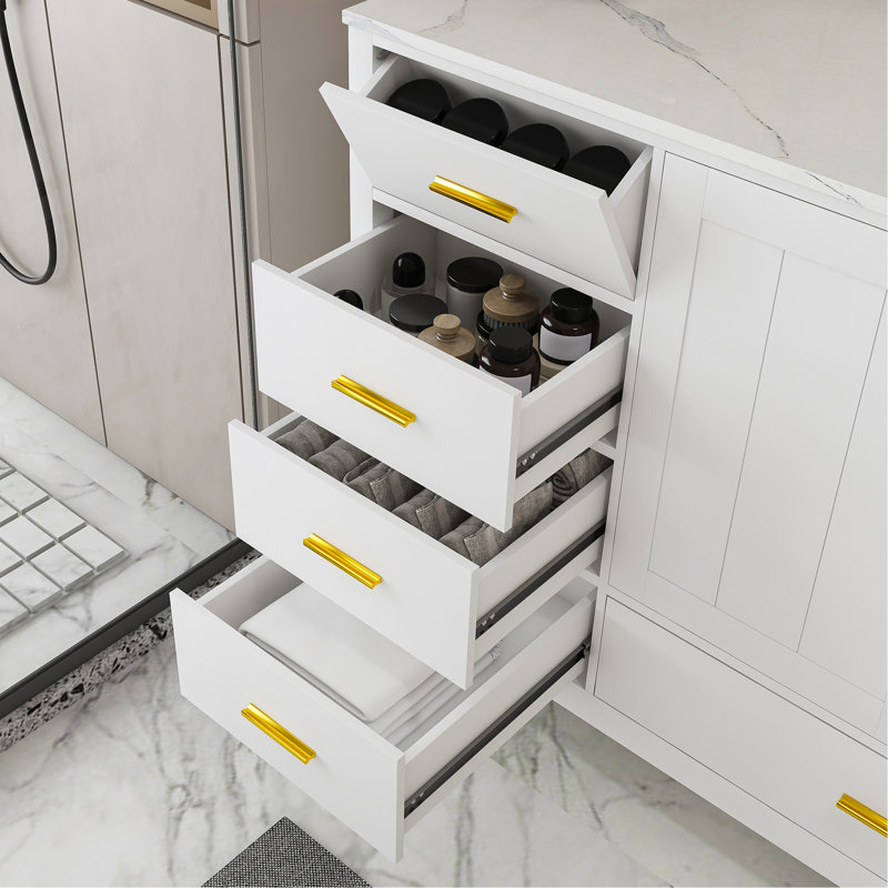 Meuble-lavabo moderne en bois massif de 60 po avec lavabo, comptoir en quartz blanc Carrara de 61 po avec 3 trous de robinet pré-percés, 2 portes doubles à fermeture en douceur, 7 tiroirs et 2 petits compartiments de rangement rabattables (blanc)