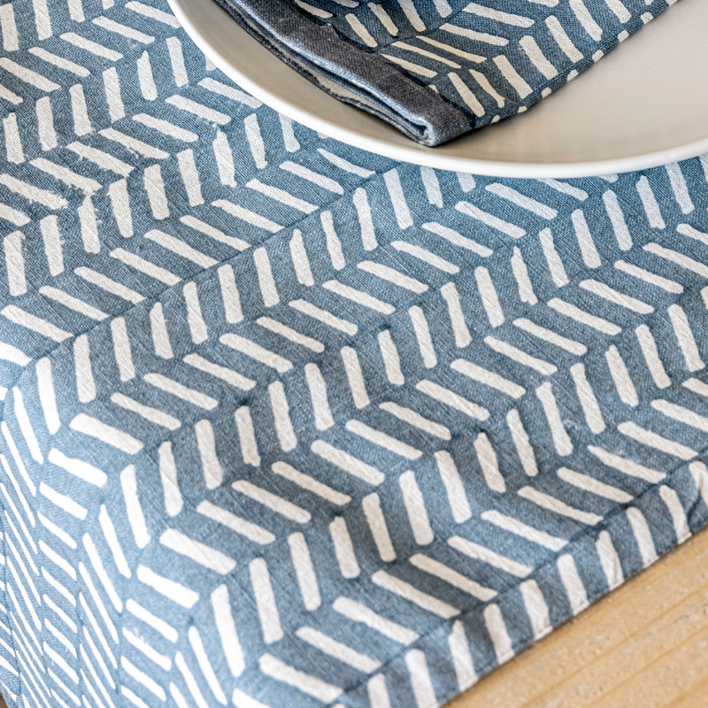 over&back Hand-Blocked Printed Cotton Table Runner, 18" W x 108" L, Blue Herringbone